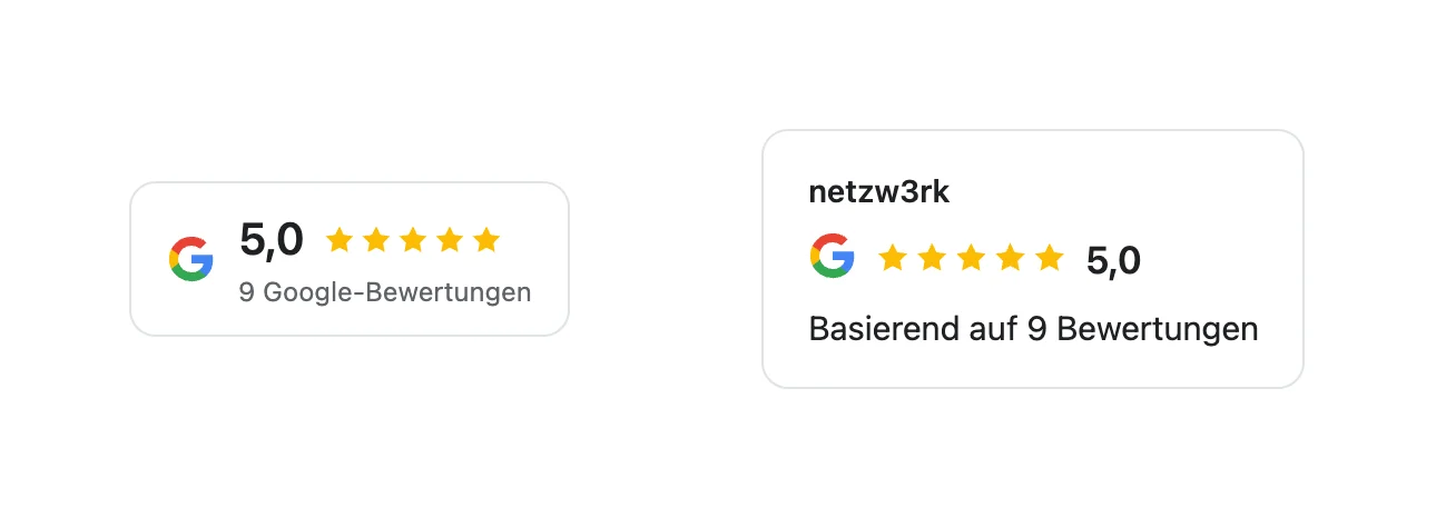 Kompakte Varianten des Widgets: Badge mit 5,0 Sternen und Kompaktansicht mit Firmenname