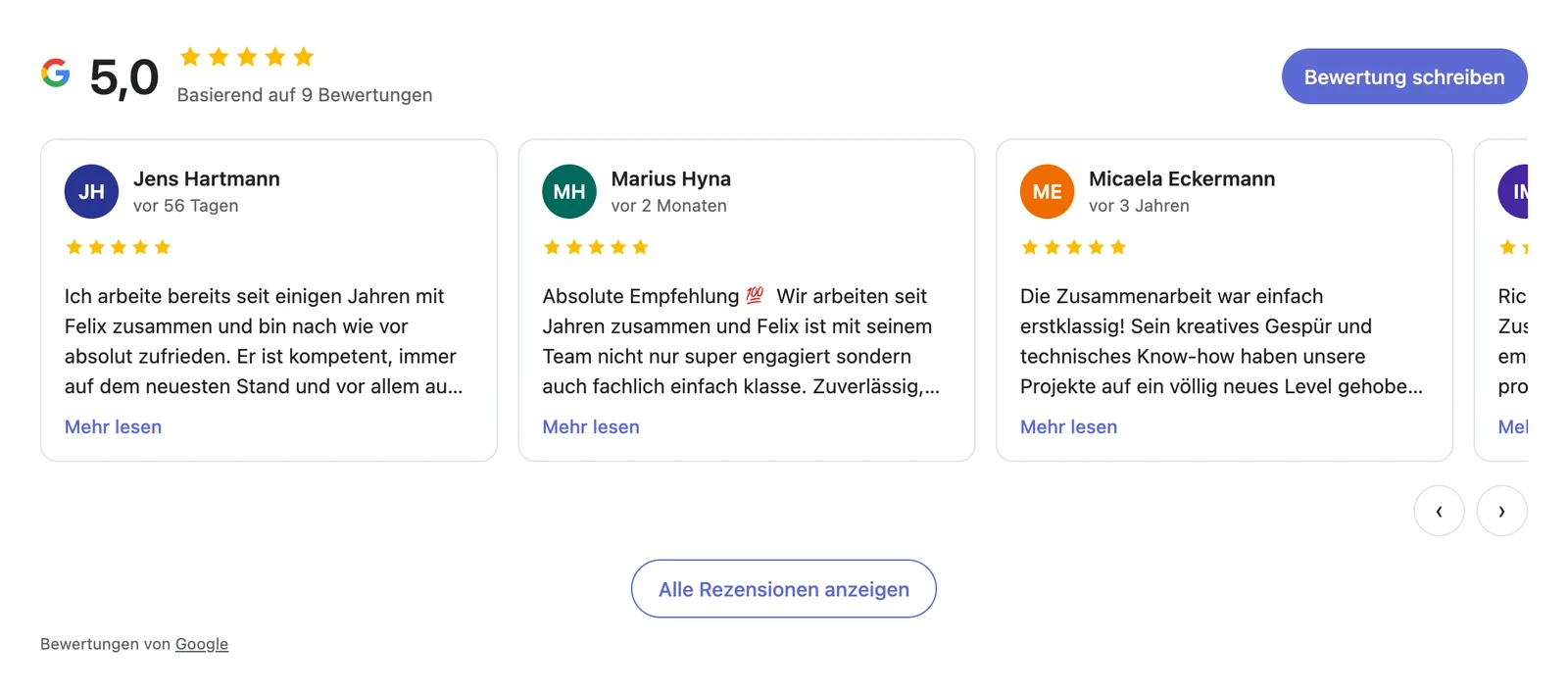 Google-Bewertungs-Widget als Karussell im hellen Design mit Gesamtbewertung 5,0 und drei Bewertungskarten