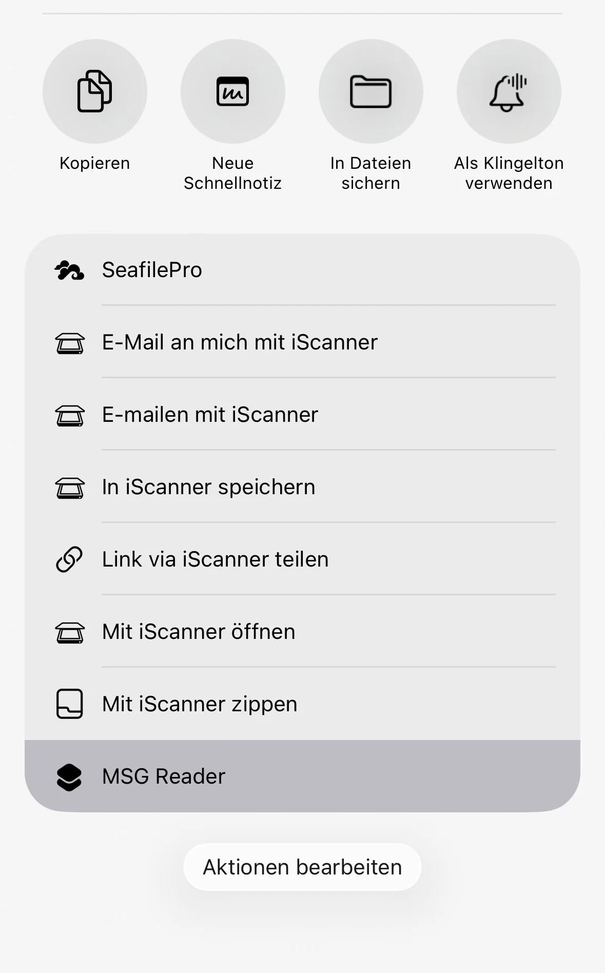 Teilen-Menü auf dem iPhone mit dem Eintrag MSG Reader