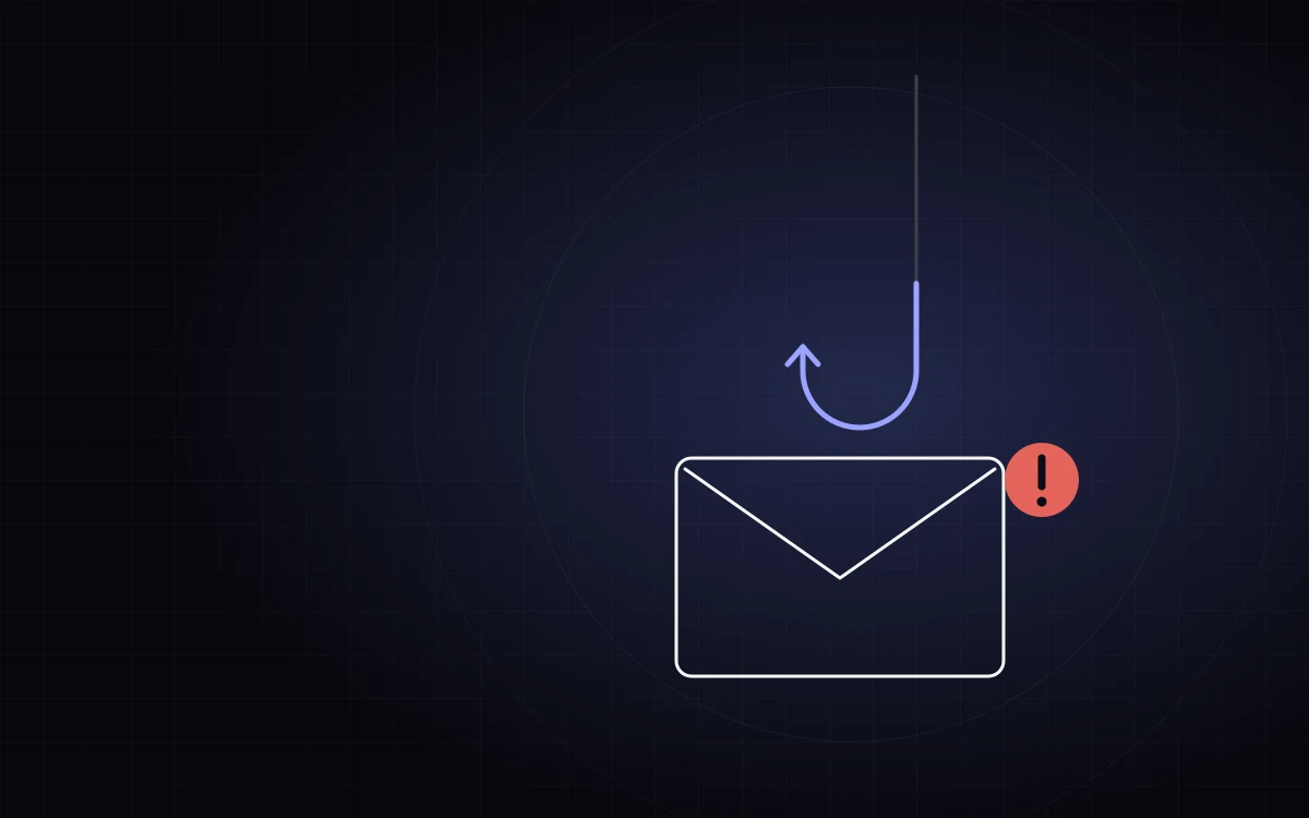 Angelhaken über einem Briefumschlag mit Warnsymbol – Symbol für Phishing-Mails