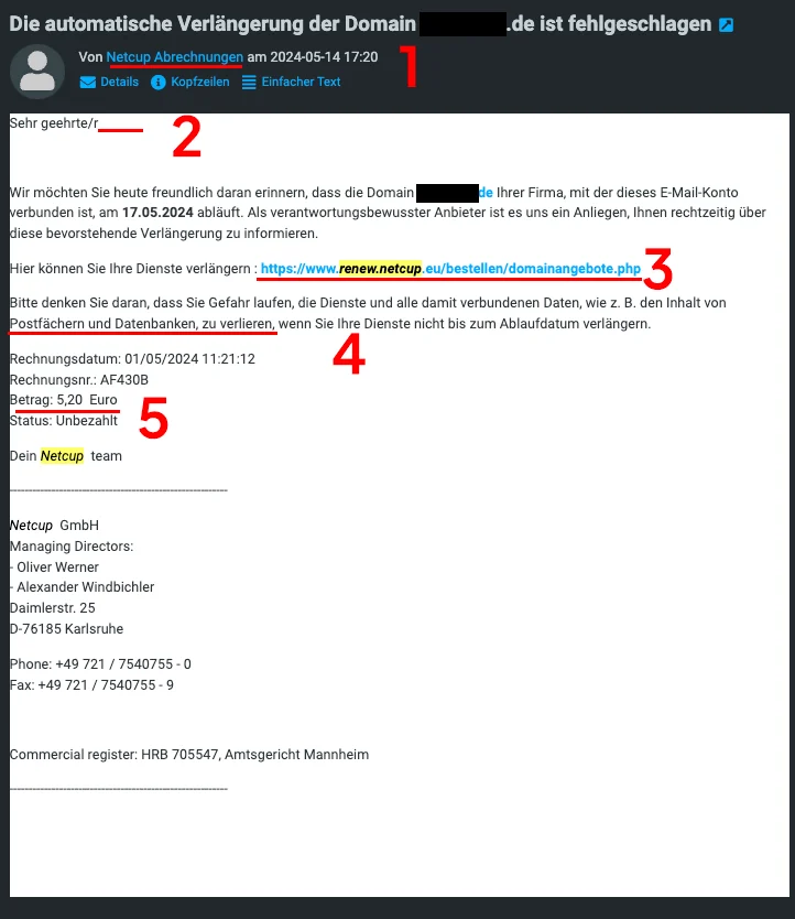 Phishing-Mail, die angeblich von einem Hosting-Anbieter stammt, mit nummerierten Warnsignalen