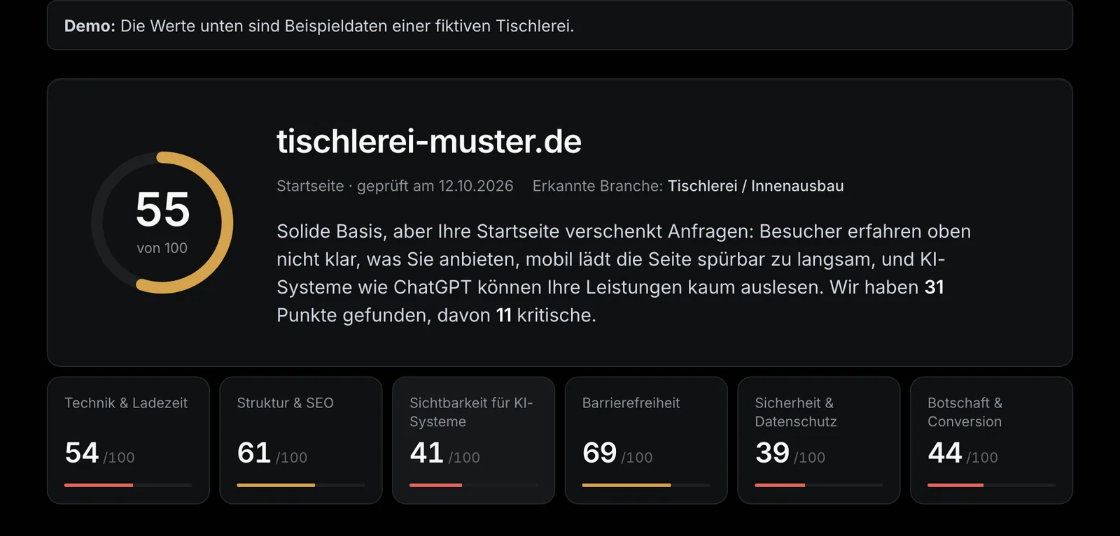 Ergebnisübersicht des Website-Checks mit Gesamtscore 55 von 100 und Einzelwerten für sechs Bereiche