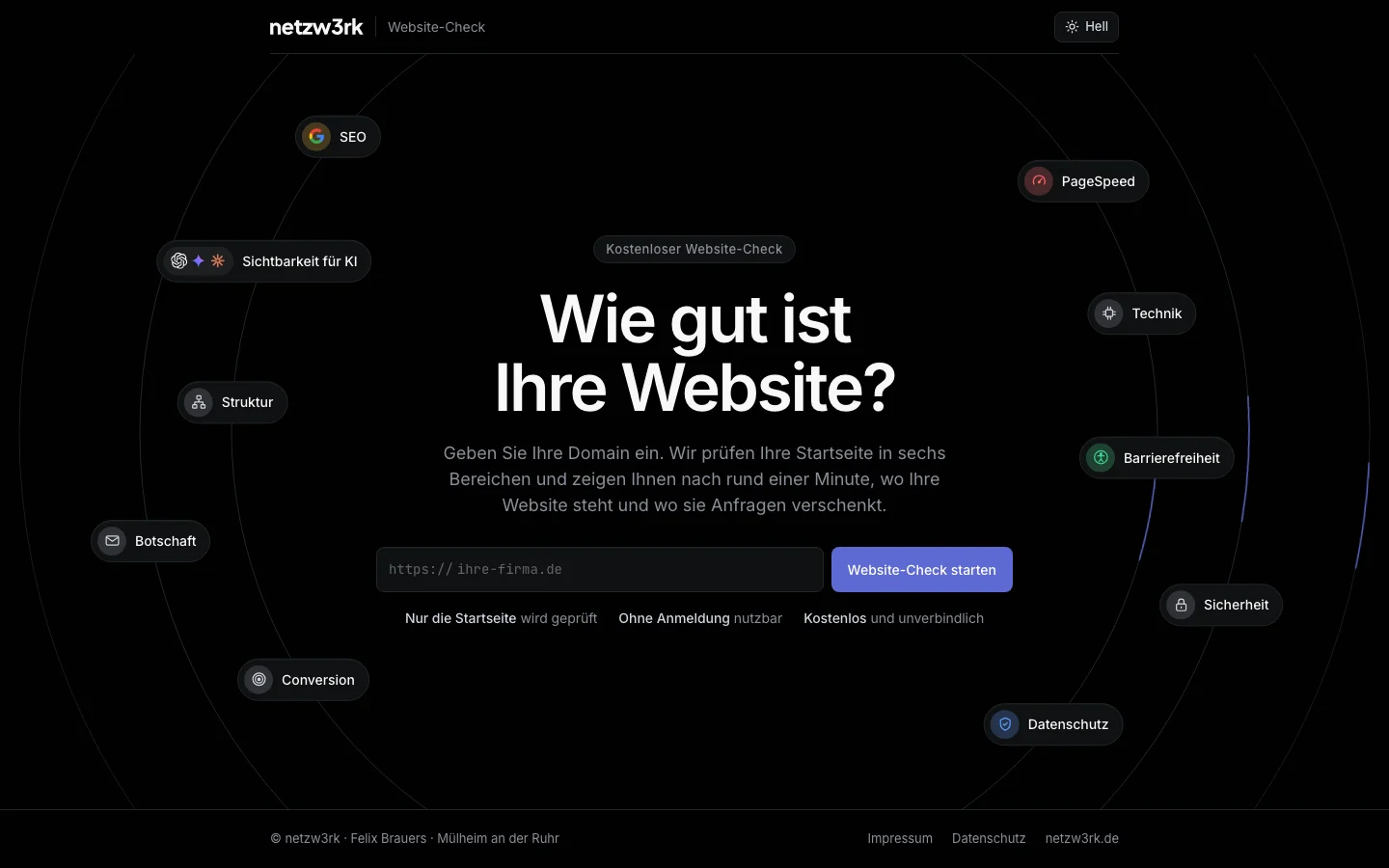Startseite des netzw3rk-Website-Checks mit Eingabefeld für die Domain und den geprüften Bereichen