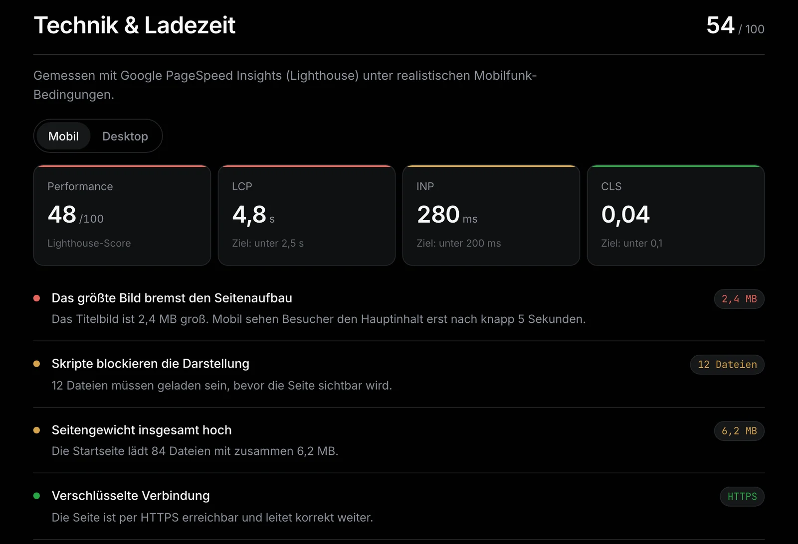 Website-Check, Bereich Technik und Ladezeit: Performance-Score, LCP, INP und CLS für Mobilgeräte mit Befunden zu Bildgröße und Skripten