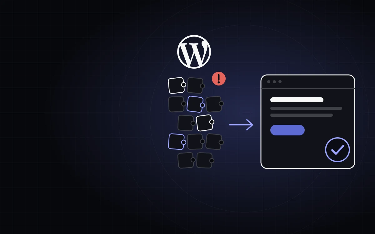 Unter dem WordPress-Logo ein Stapel lose verbundener Plugin-Bausteine wird zu einer schlanken Website mit Häkchen – Symbol für den Umzug von WordPress auf eine individuelle Website