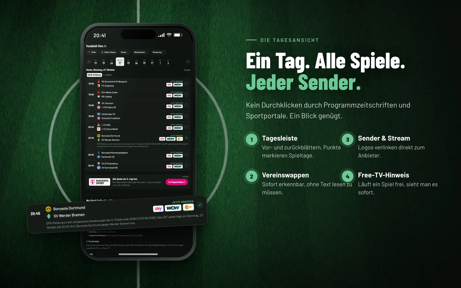 Tagesansicht von fussball-live.tv mit Tagesleiste, Vereinswappen und Senderlogos