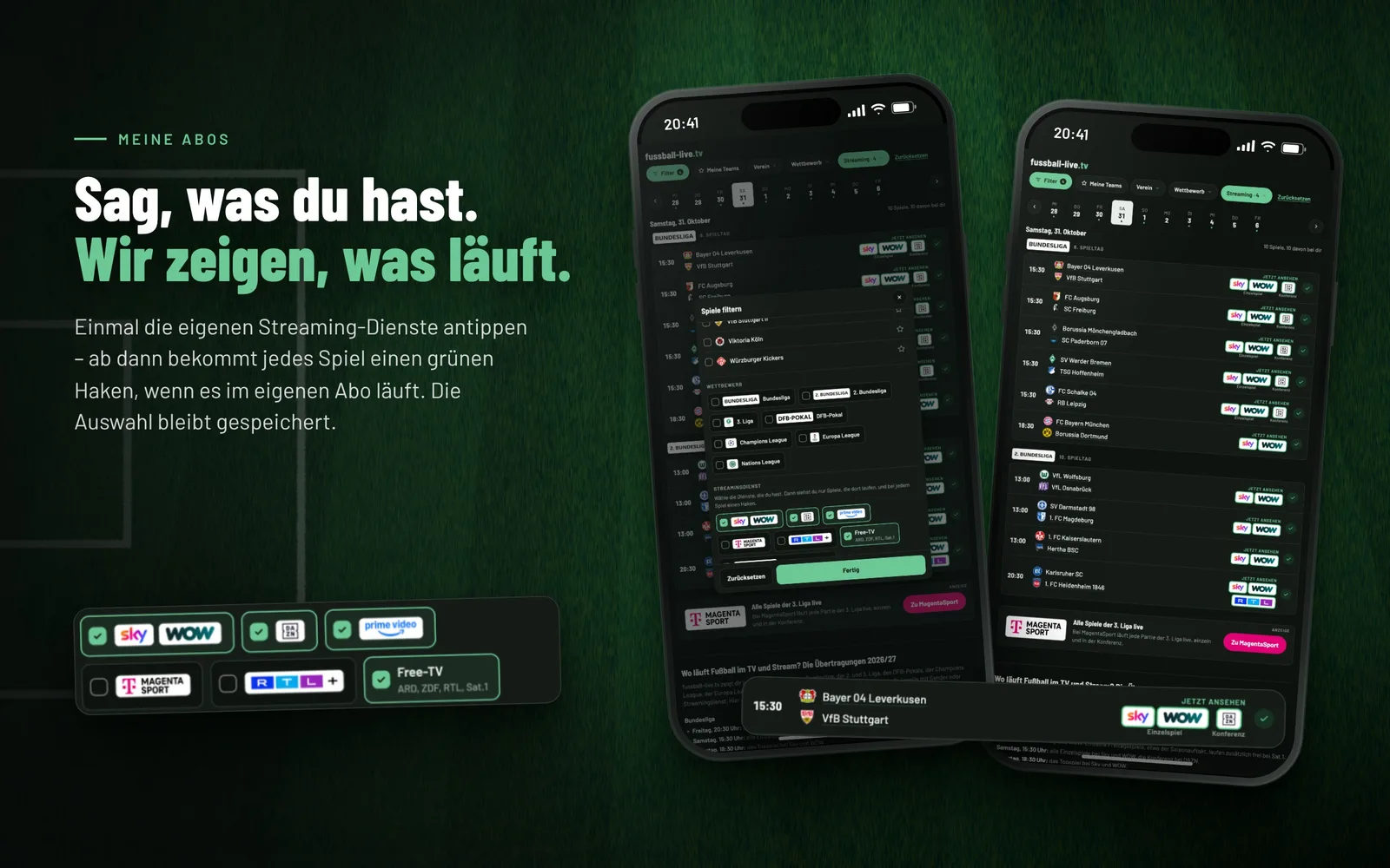 Auswahl der eigenen Streaming-Abos in fussball-live.tv mit grünen Haken an passenden Spielen