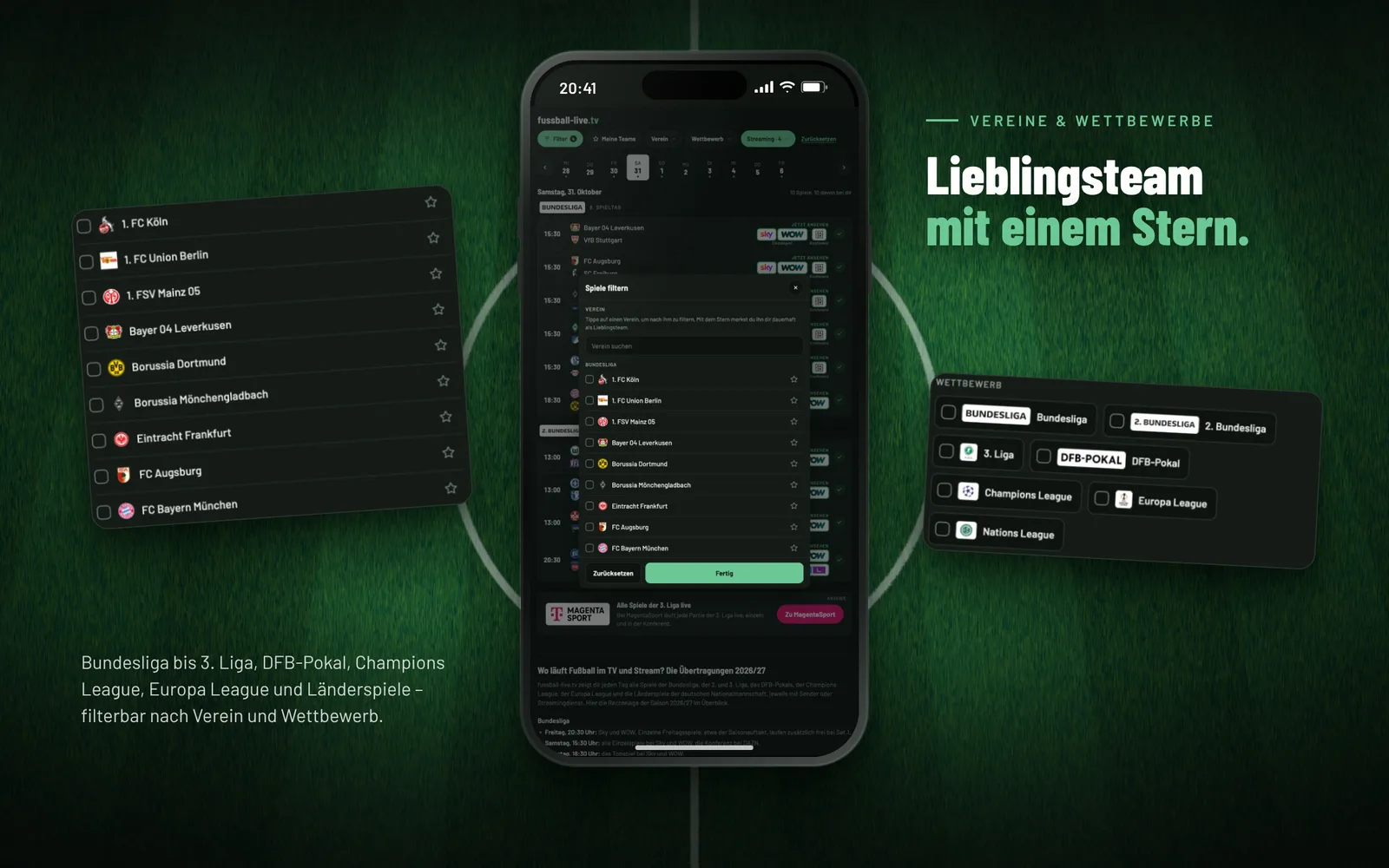 Filter nach Lieblingsteams und Wettbewerben in fussball-live.tv