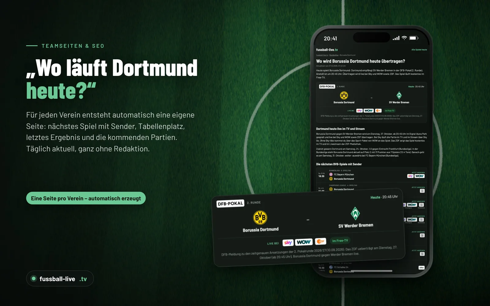 Automatisch erzeugte Teamseite für Borussia Dortmund mit nächstem Spiel und Sender