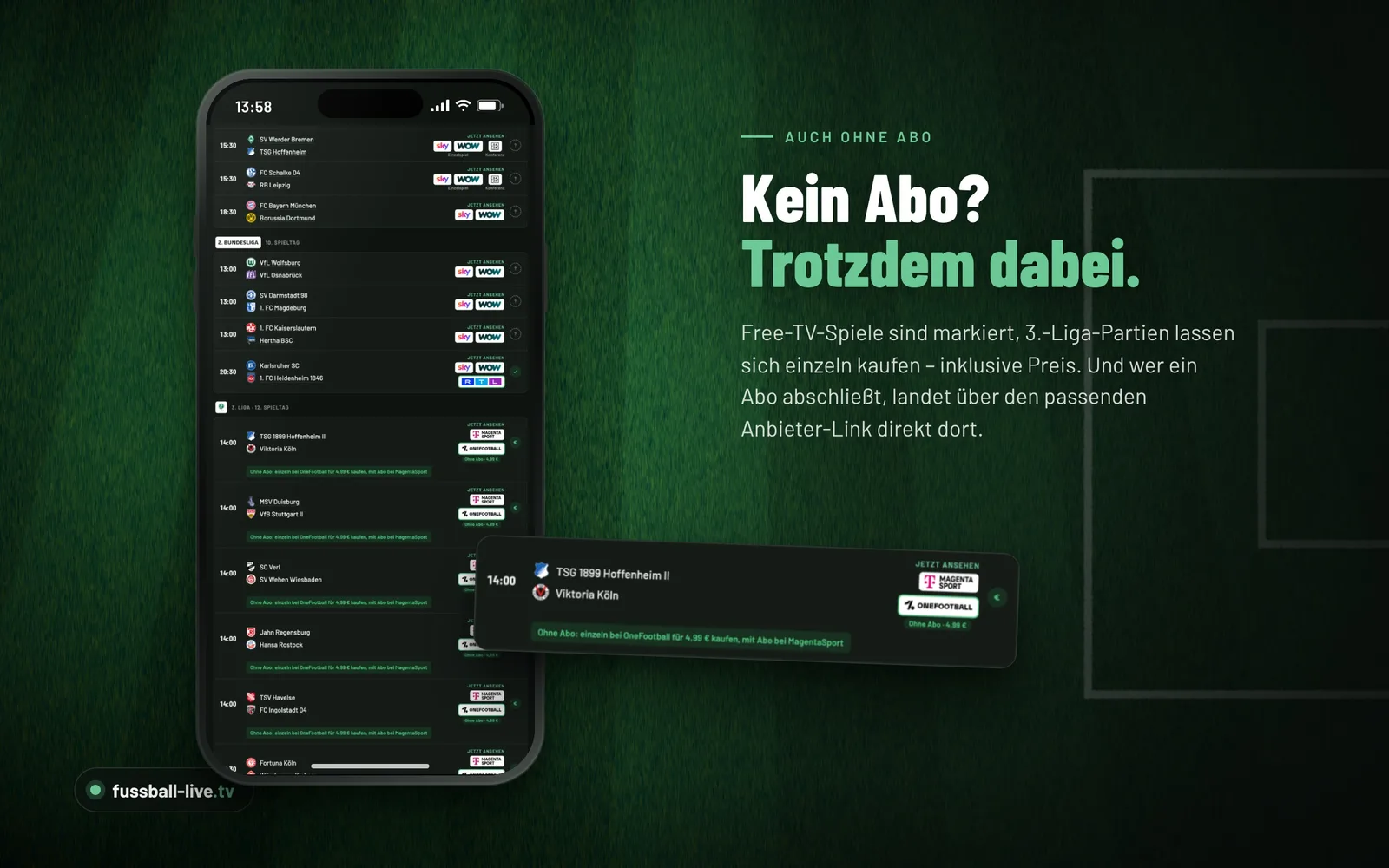 Spiele der 3. Liga mit Hinweis auf Einzelkauf und Preis