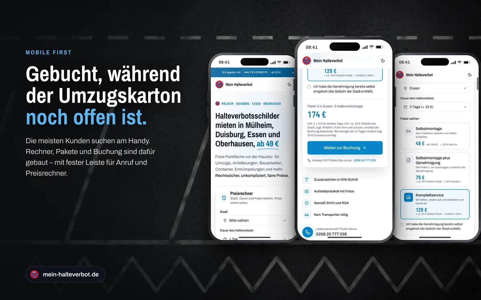 mein-halteverbot.de auf drei Smartphones: Startseite, Preisrechner und Paketwahl