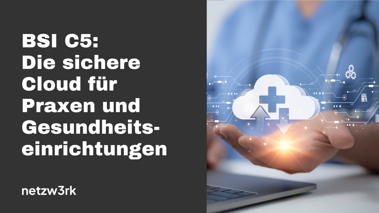 German hero: left dark panel with the headline about secure cloud for medical practices; right shows a clinician's hands holding a glowing cloud icon with digital medical graphics on a laptop screen.
