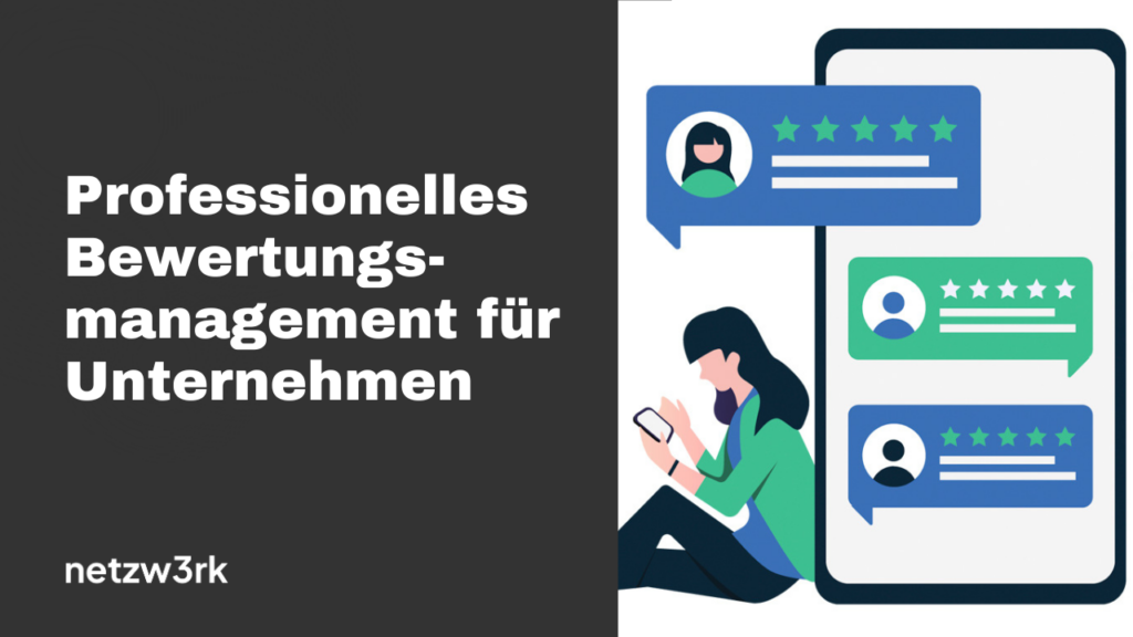 Professionelles Bewertungsmanagement für Unternehmen – Person mit Smartphone und Bewertungsblasen auf dem Bildschirm.