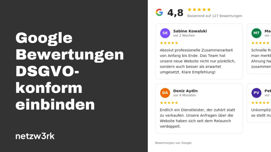 Dark left panel with the German text 'Google Bewertungen DSGVO-konform einbinden' beside a grid of Google review cards on the right.