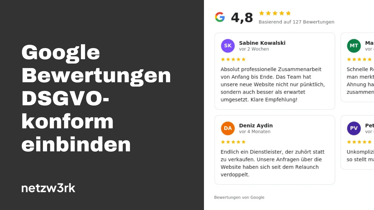 Dark left panel with the German text 'Google Bewertungen DSGVO-konform einbinden' beside a grid of Google review cards on the right.