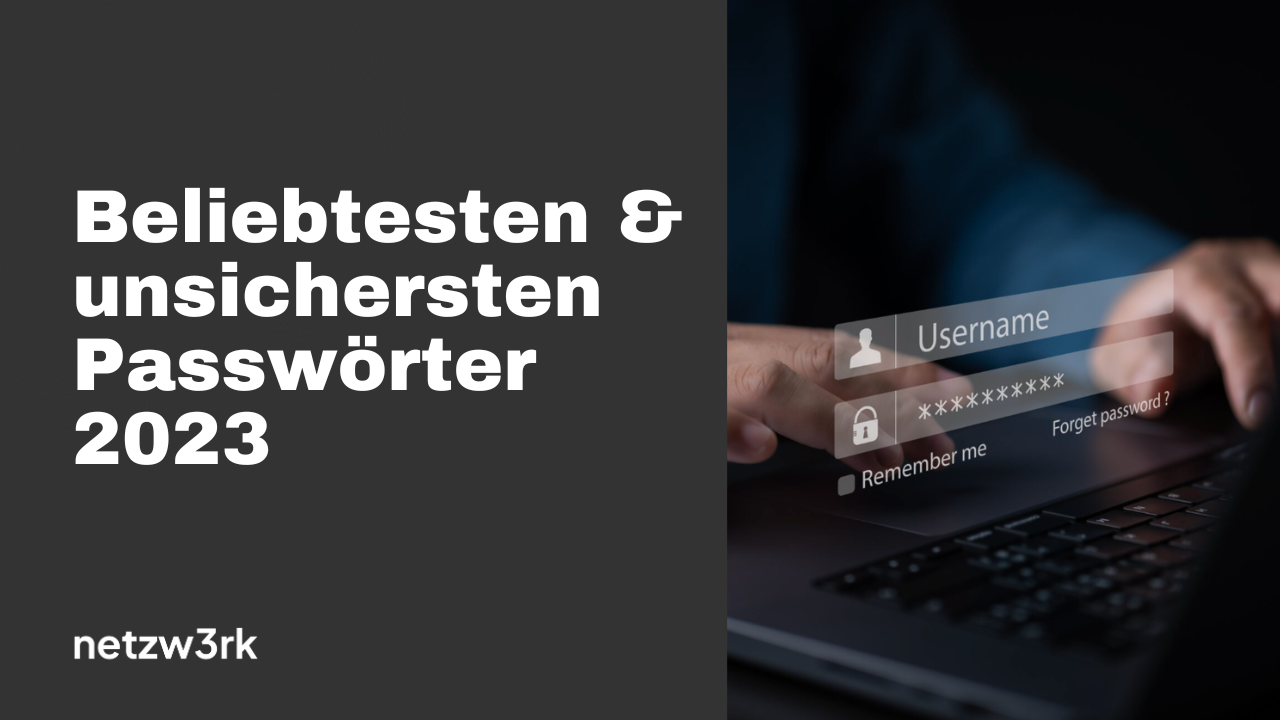 Article cover about the most common and insecure passwords of 2023, with a dark left panel and a hacker-themed login on the right.